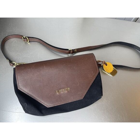 R Riveter Womens Handbag Purse Clutch Black Canvas Brown Leather Distressed - Picture 9 of 11